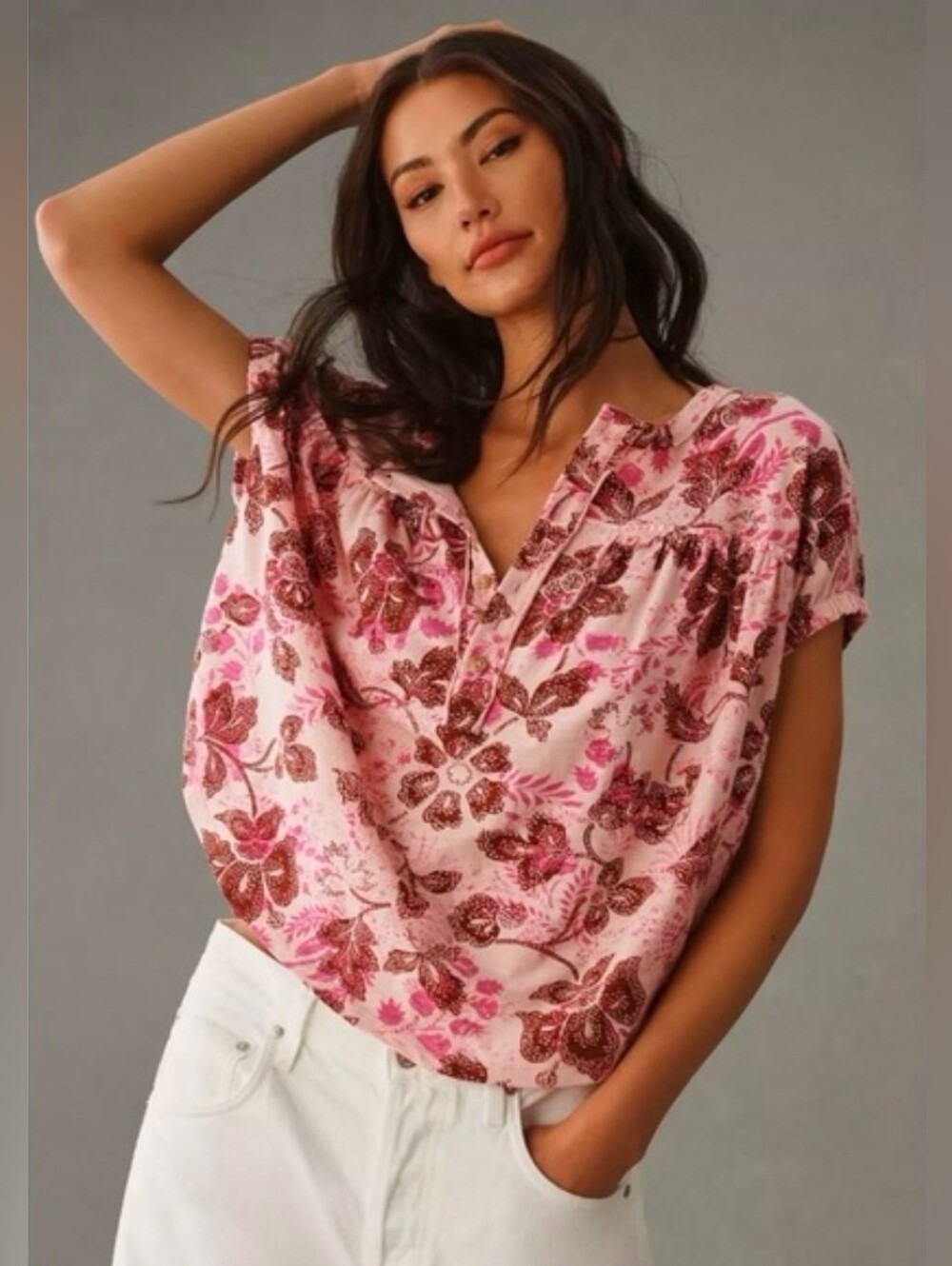 Anthropologie Pilcro Women’s Small Pink Short Sleeve Blouse Ruched Blouse Cotton